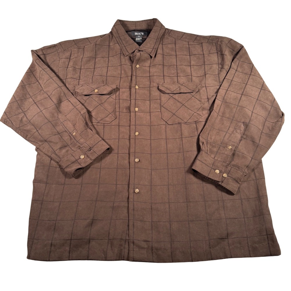 Bruno Button Up Shirt Mens 3XLB Brown Grid Pattern Soft Long Sleeve